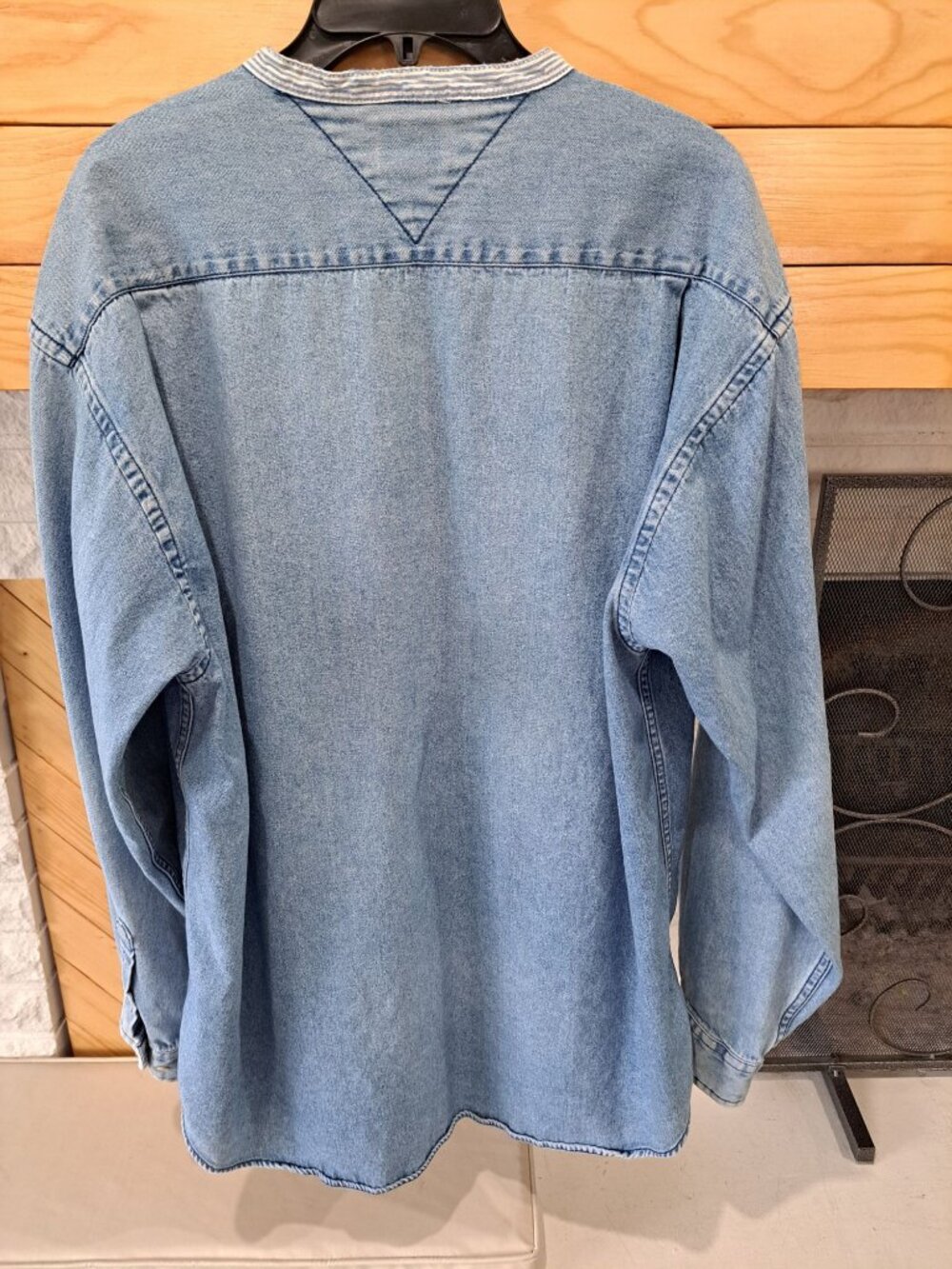 Vtg 90's Tommy Jeans Band Collar Denim Shirt XL Men's Logo Embroidery Button - Picture 6 of 14